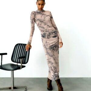Zara Printed Tulle Dress Sand Tie Dye XS